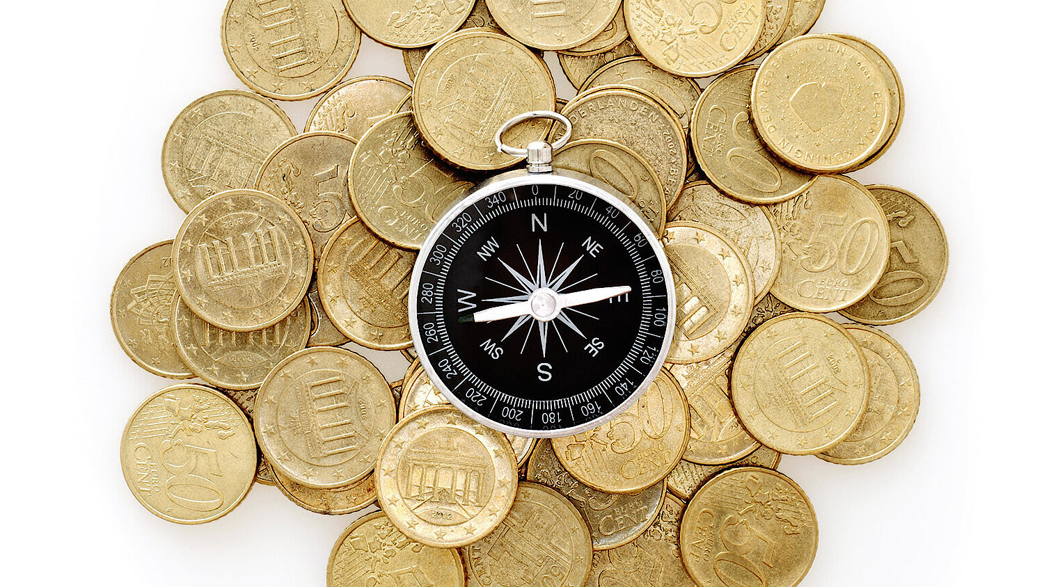 Photo of a compass on a pile of coins