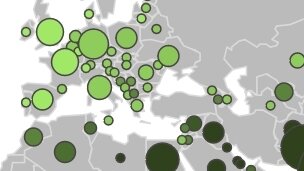 Abbildung mit Karte von Europa und farbigen Kreisen